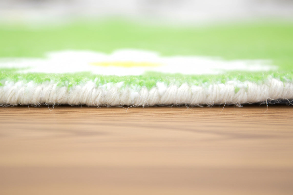 Scalloped Daisy Border Handmade Kids Rug – Lime Green Floral Nursery Area Rug   9126757728405