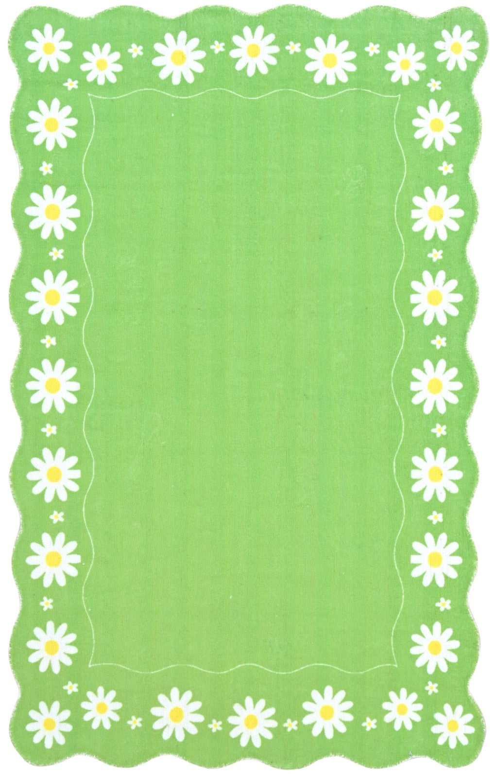 Scalloped Daisy Border Handmade Kids Rug – Lime Green Floral Nursery Area Rug   9126757728405