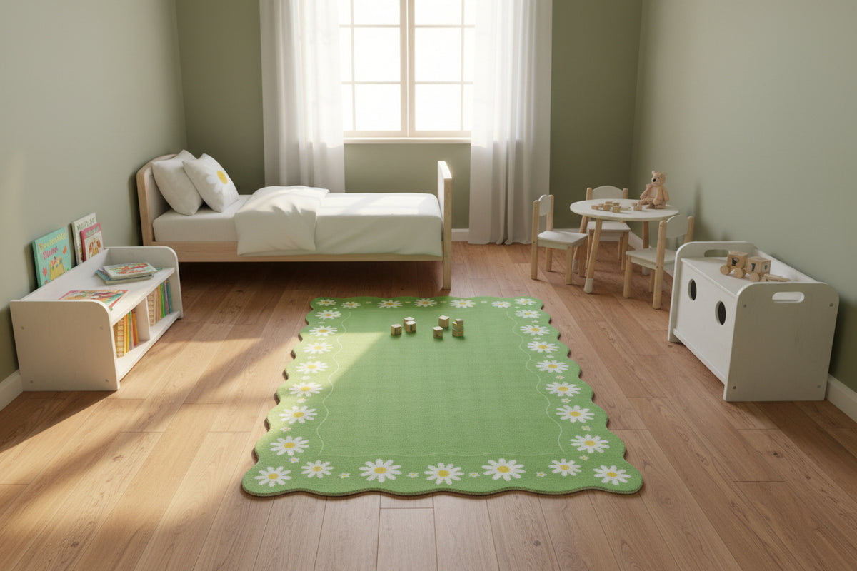 Scalloped Daisy Border Handmade Kids Rug – Lime Green Floral Nursery Area Rug   9126757728405