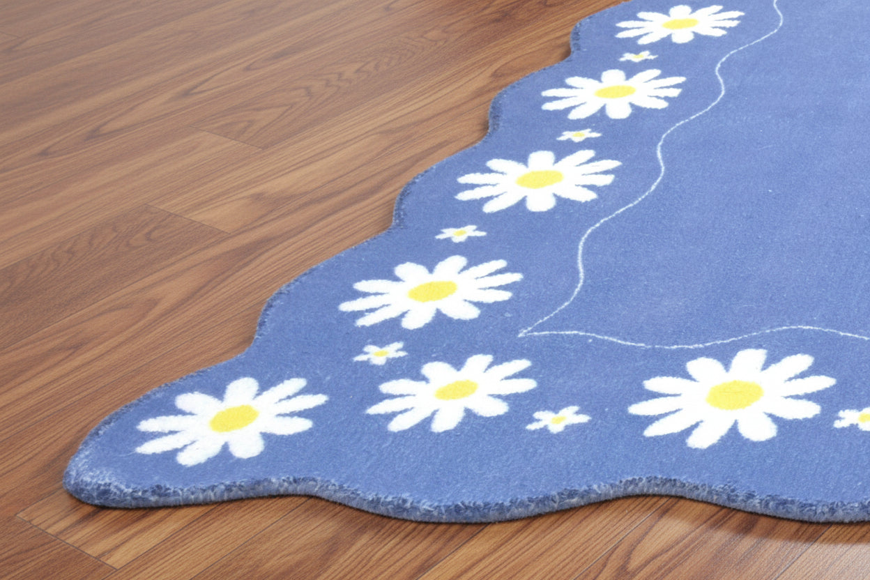 Scalloped Daisy Border Handmade Kids Rug – Navy Blue Floral Nursery Area Rug   9126753304725