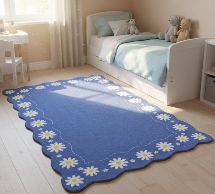 Scalloped Daisy Border Handmade Kids Rug – Navy Blue Floral Nursery Area Rug   9126753304725