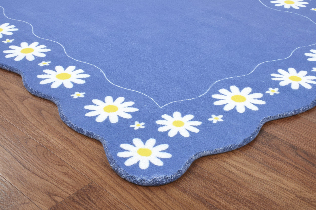 Scalloped Daisy Border Handmade Kids Rug – Navy Blue Floral Nursery Area Rug   9126753304725