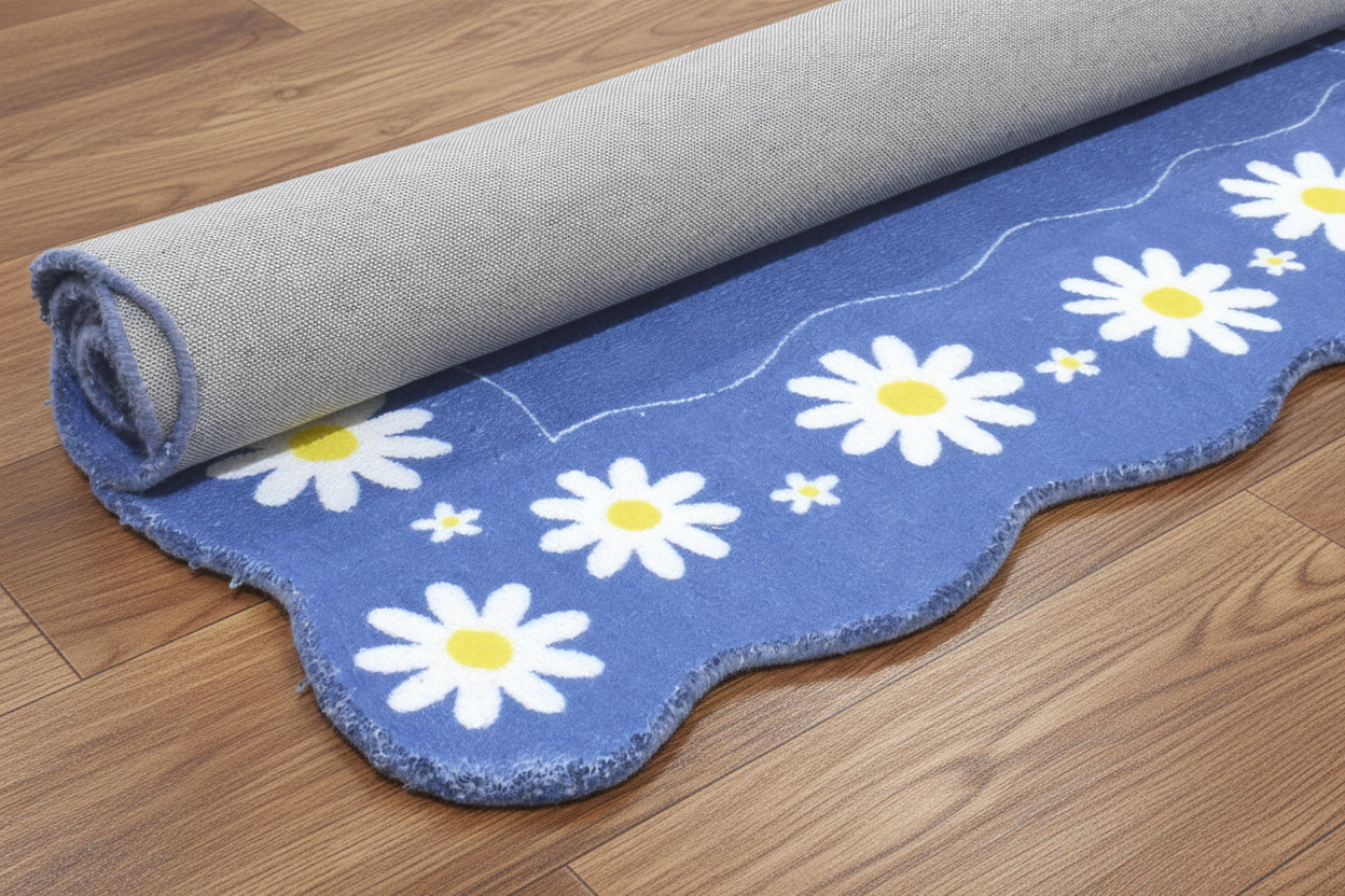 Scalloped Daisy Border Handmade Kids Rug – Navy Blue Floral Nursery Area Rug   9126753304725