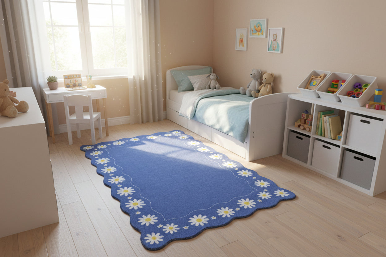 Scalloped Daisy Border Handmade Kids Rug – Navy Blue Floral Nursery Area Rug   9126753304725