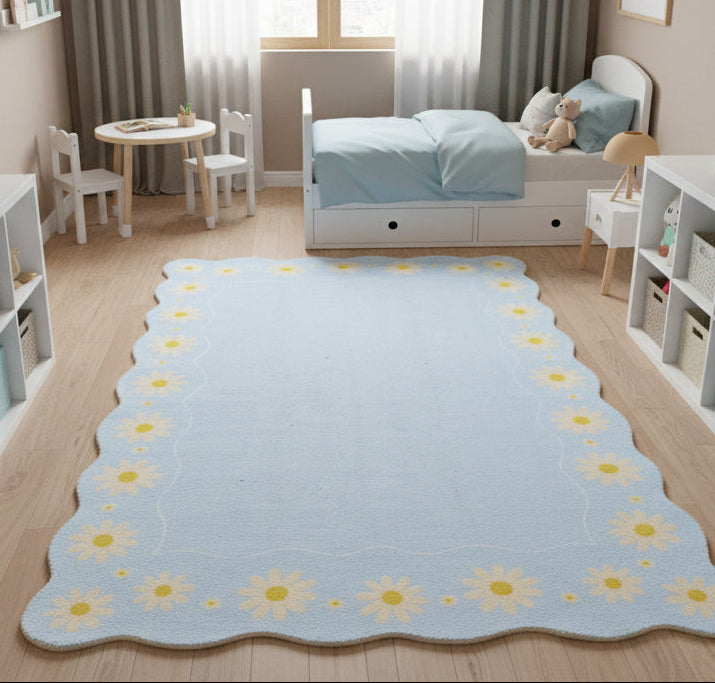 Scalloped Daisy Border Handmade Kids Rug – Pastel Blue Floral Nursery Area Rug   9126718374037