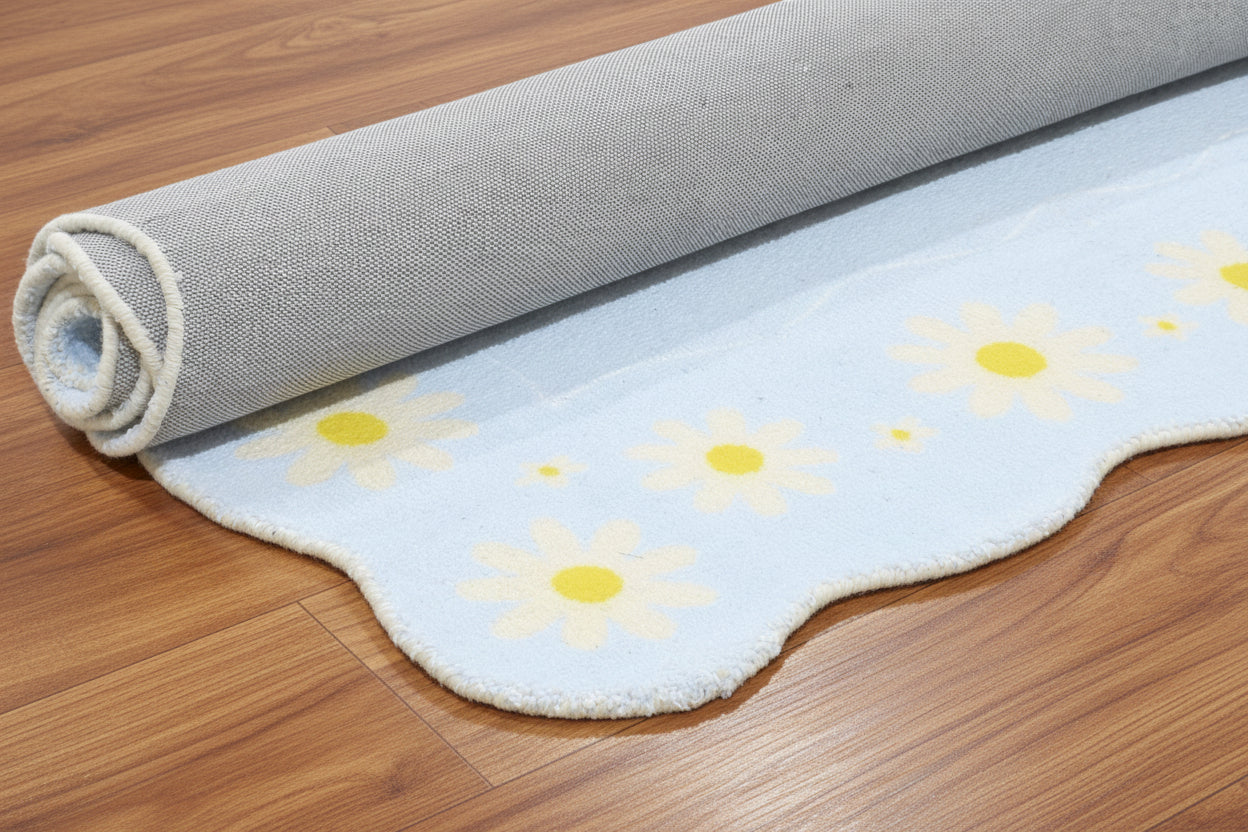 Scalloped Daisy Border Handmade Kids Rug – Pastel Blue Floral Nursery Area Rug   9126718374037