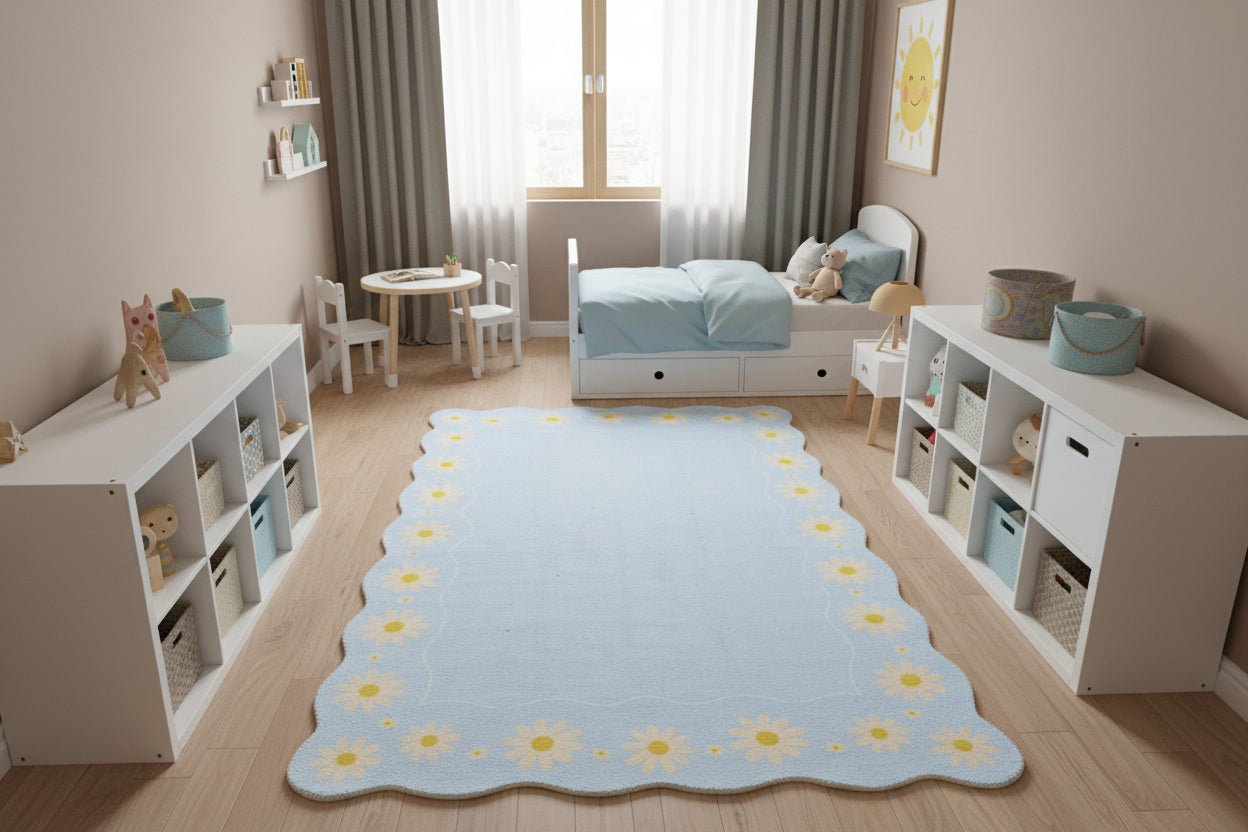 Scalloped Daisy Border Handmade Kids Rug – Pastel Blue Floral Nursery Area Rug   9126718374037