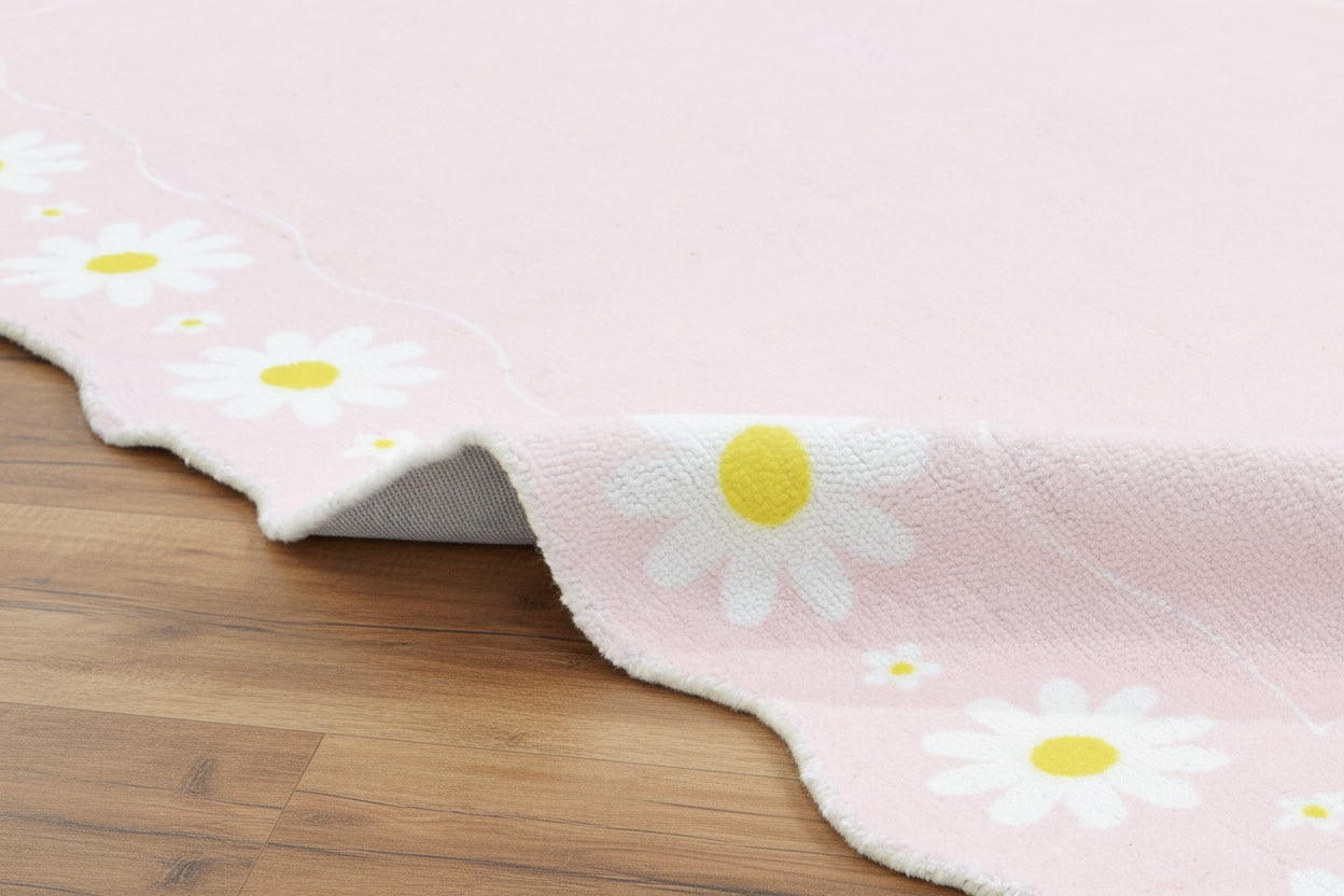 Scalloped Daisy Border Handmade Kids Rug – Pastel Pink Floral Nursery Area Rug   9126562398357
