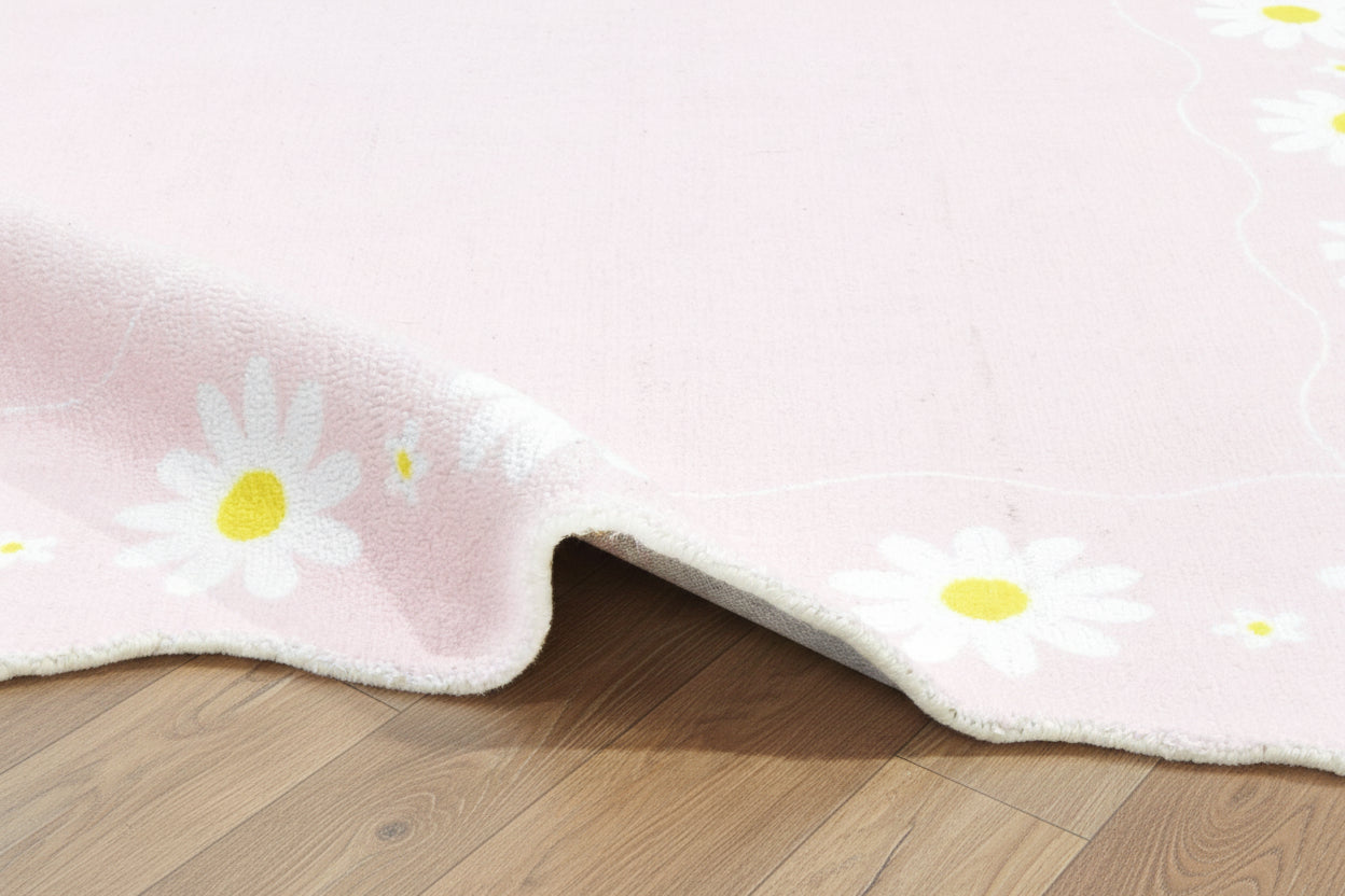 Scalloped Daisy Border Handmade Kids Rug – Pastel Pink Floral Nursery Area Rug   9126562398357
