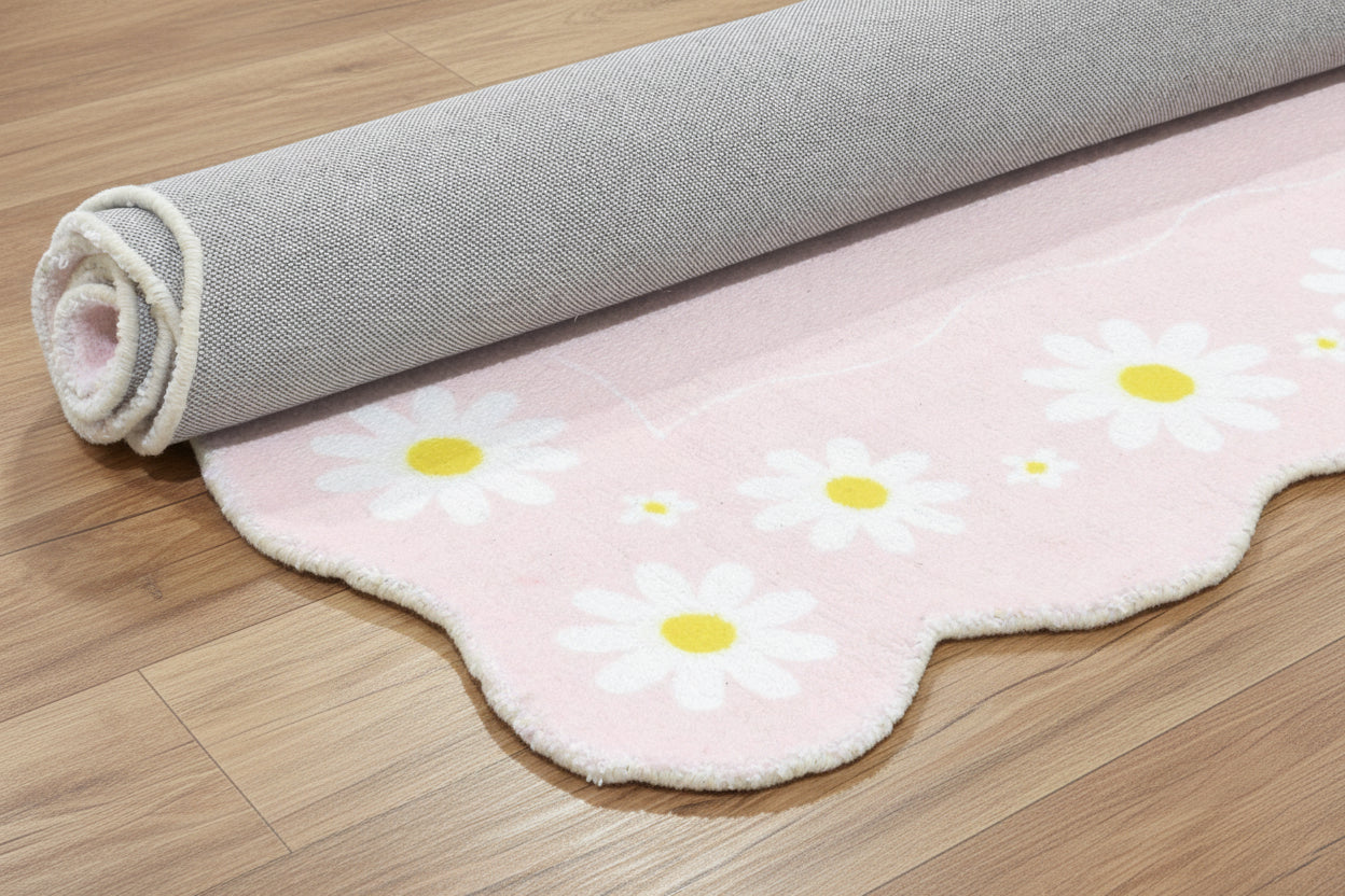 Scalloped Daisy Border Handmade Kids Rug – Pastel Pink Floral Nursery Area Rug   9126562398357