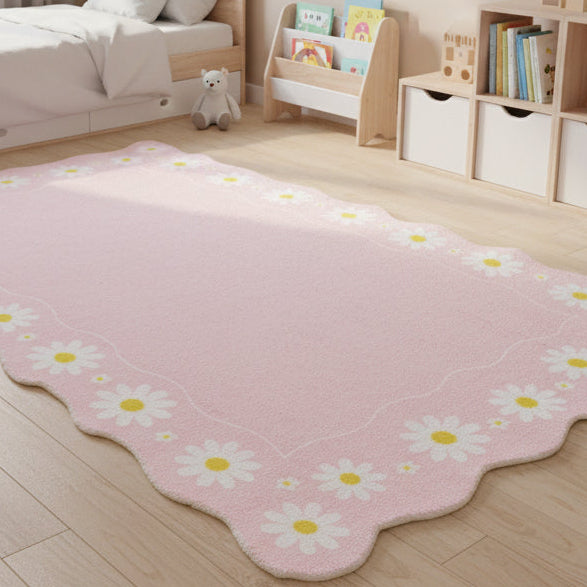 Scalloped Daisy Border Handmade Kids Rug – Pastel Pink Floral Nursery Area Rug   9126562398357