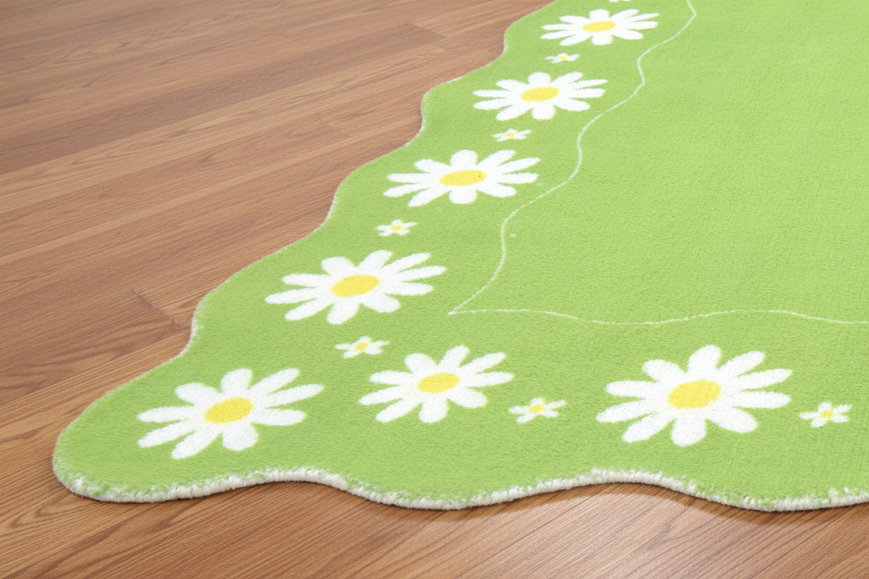 Scalloped Daisy Handmade Kids Rug - Pastel Lime Green Grass Floral Nursery Area Rug   9126757728405
