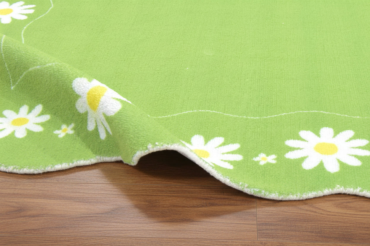 Scalloped Daisy Handmade Kids Rug - Pastel Lime Green Grass Floral Nursery Area Rug   9126757728405
