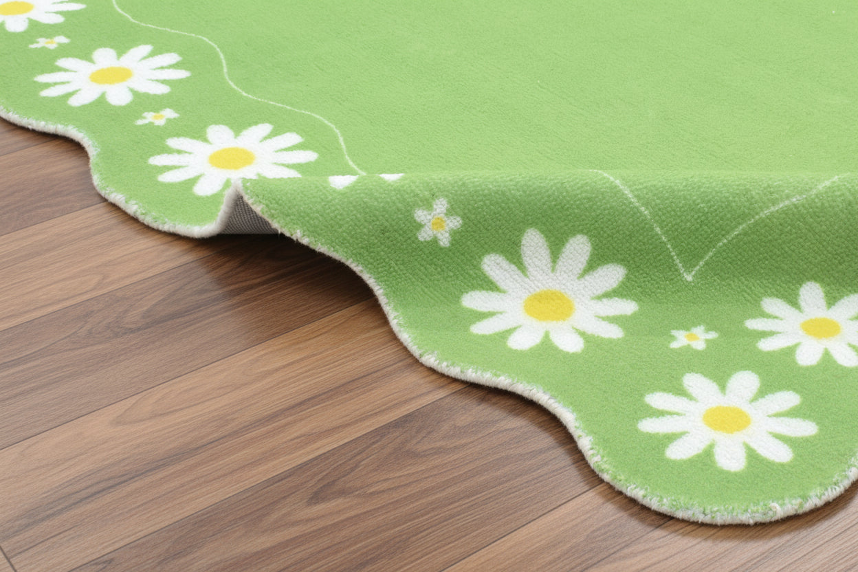Scalloped Daisy Handmade Kids Rug - Pastel Lime Green Grass Floral Nursery Area Rug   9126757728405