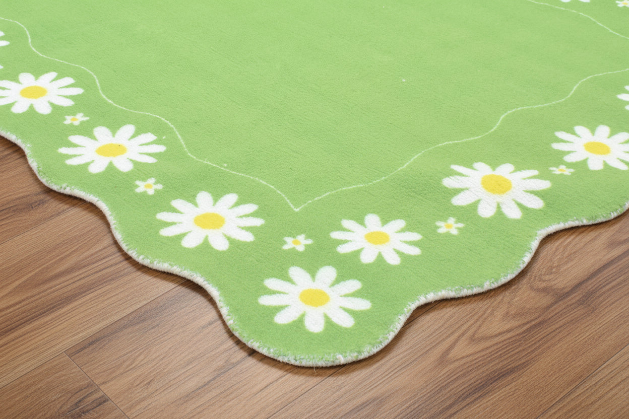 Scalloped Daisy Handmade Kids Rug - Pastel Lime Green Grass Floral Nursery Area Rug   9126757728405