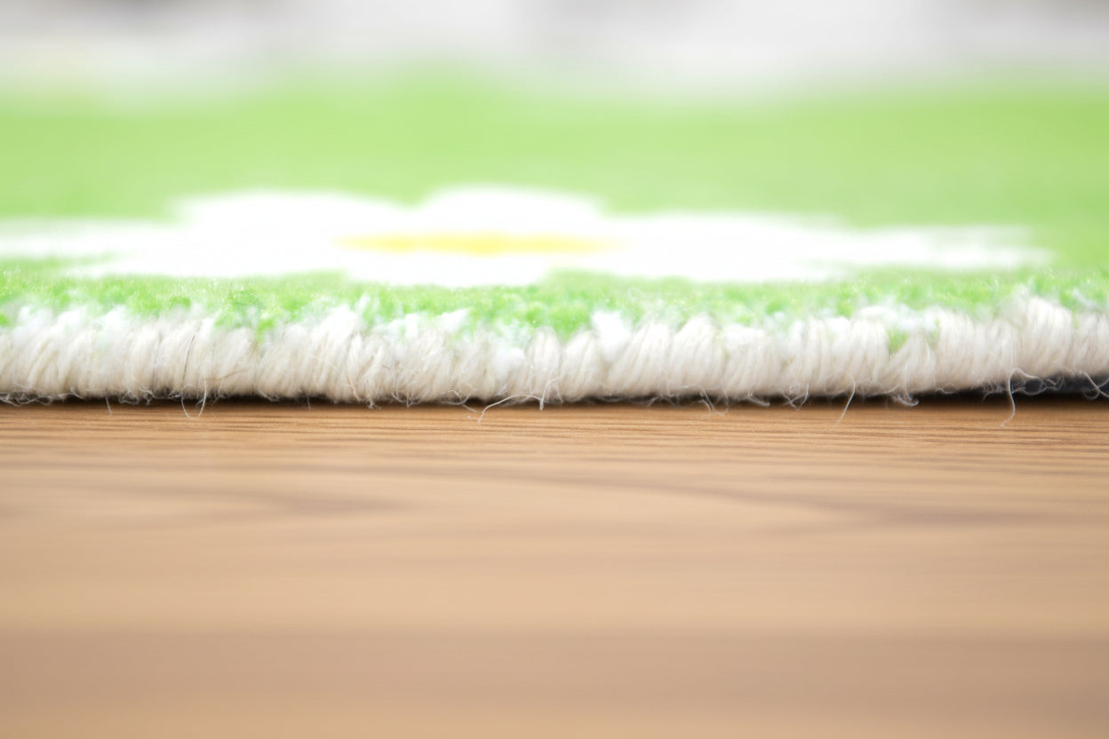 Scalloped Daisy Handmade Kids Rug - Pastel Lime Green Grass Floral Nursery Area Rug   9126757728405