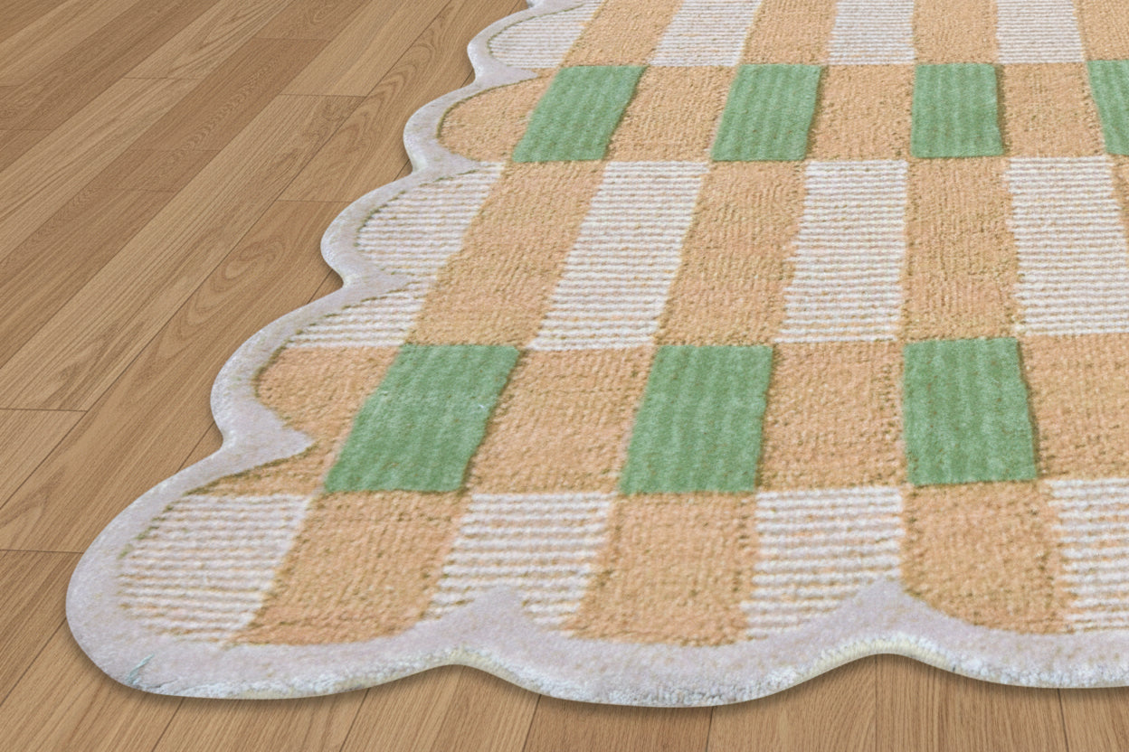 Scalloped Edge Handmade Green & Beige Area Rug – Modern Checkered Wavy Border   9081810518165