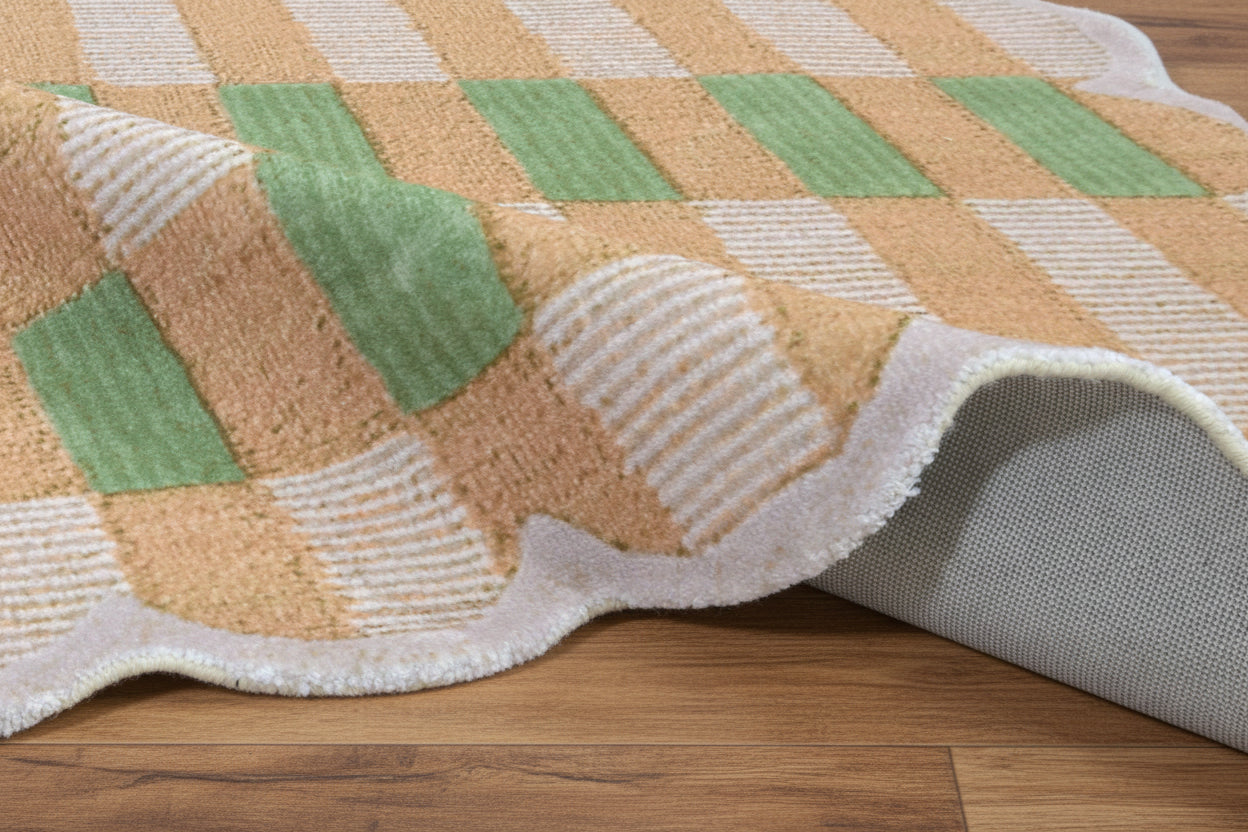 Scalloped Edge Handmade Green & Beige Area Rug – Modern Checkered Wavy Border   9081810518165