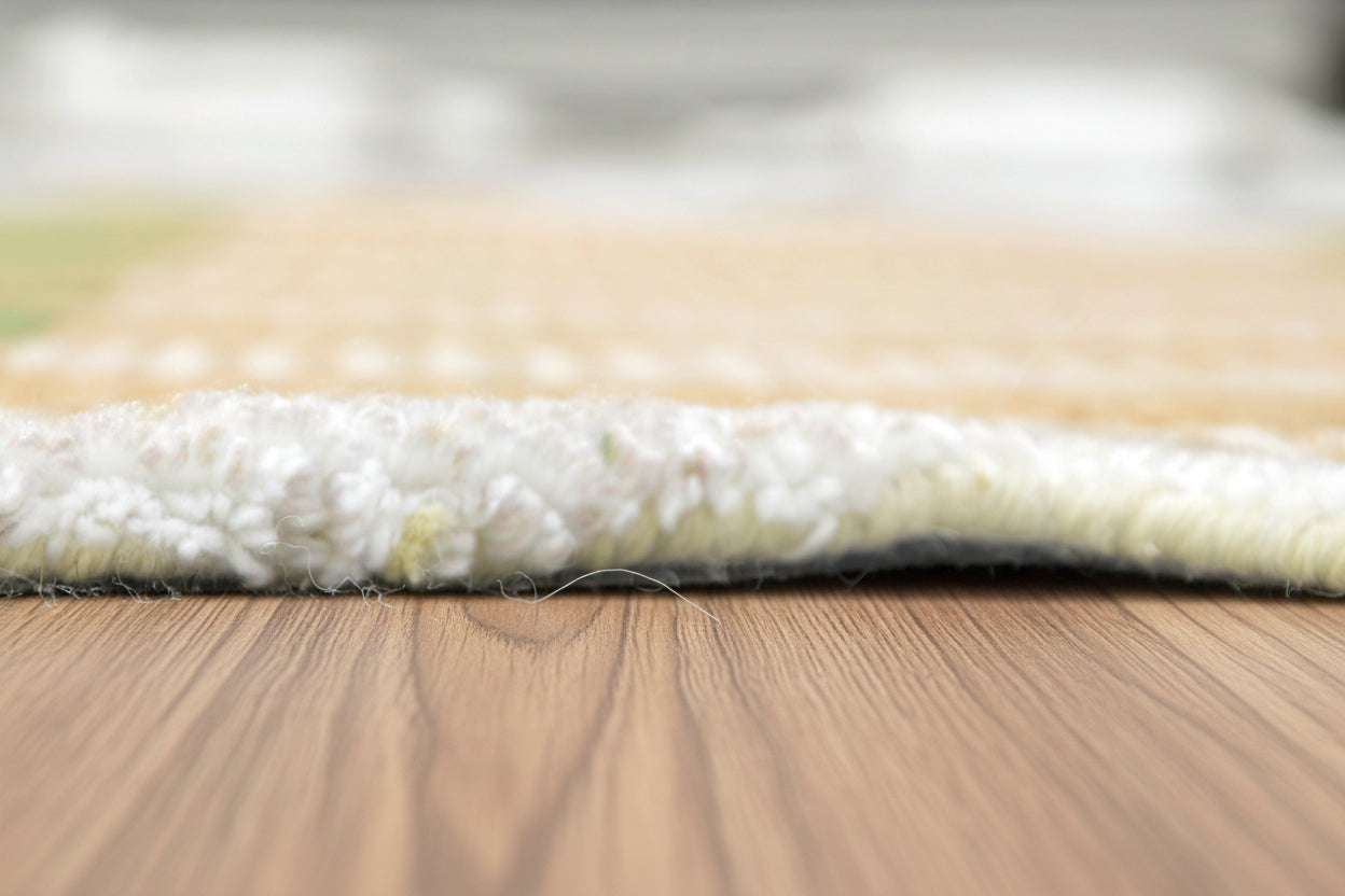 Scalloped Edge Handmade Green & Beige Area Rug – Modern Checkered Wavy Border   9081810518165