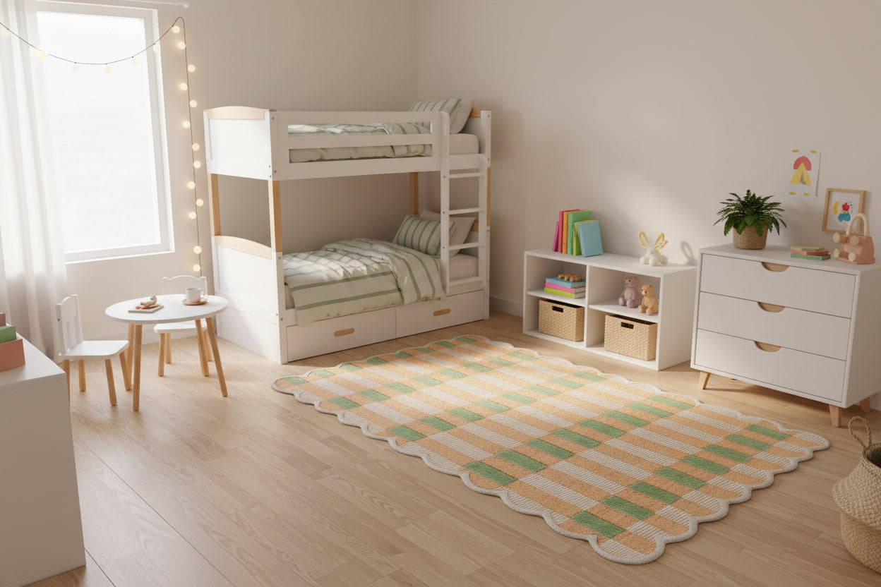 Scalloped Edge Handmade Green & Beige Area Rug – Modern Checkered Wavy Border   9081810518165