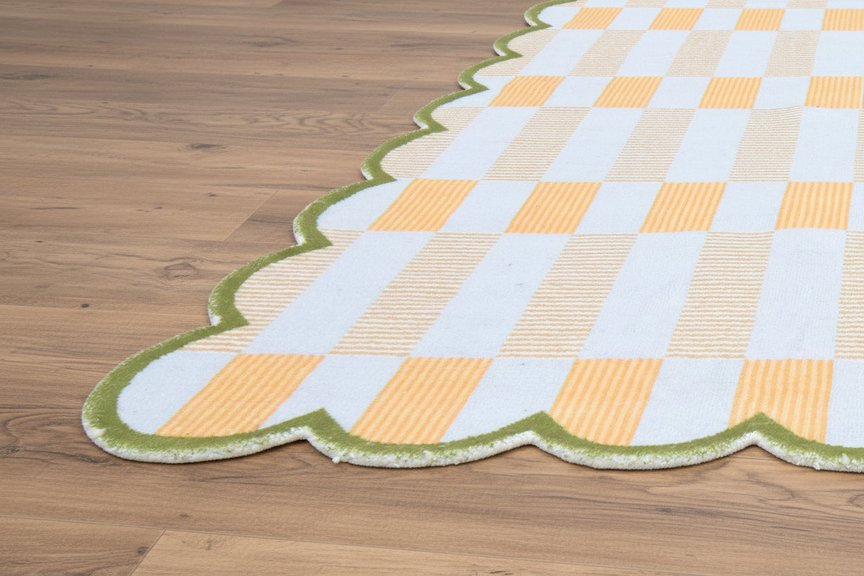 Scalloped Edge Handmade Ivory Nursery Rug – Modern Checkered Wavy Border   9126191333525