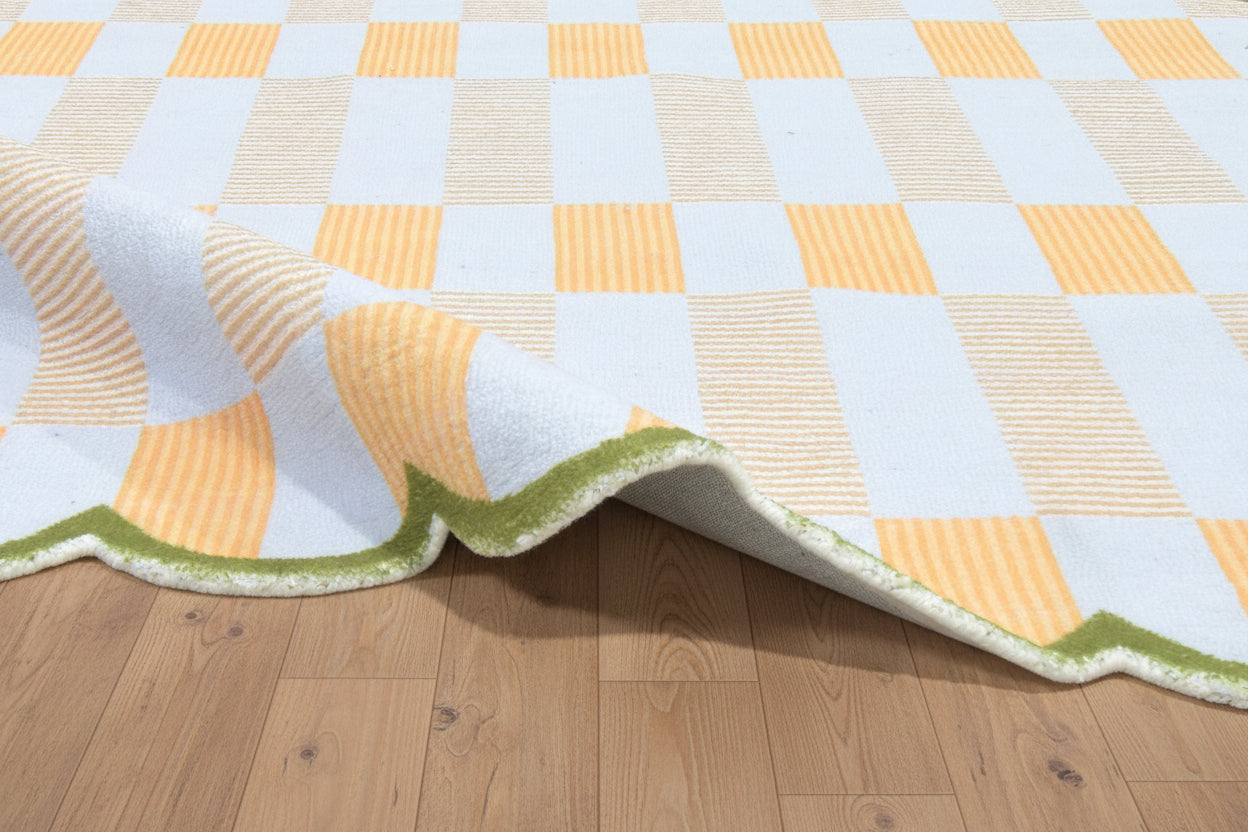 Scalloped Edge Handmade Ivory Nursery Rug – Modern Checkered Wavy Border   9126191333525