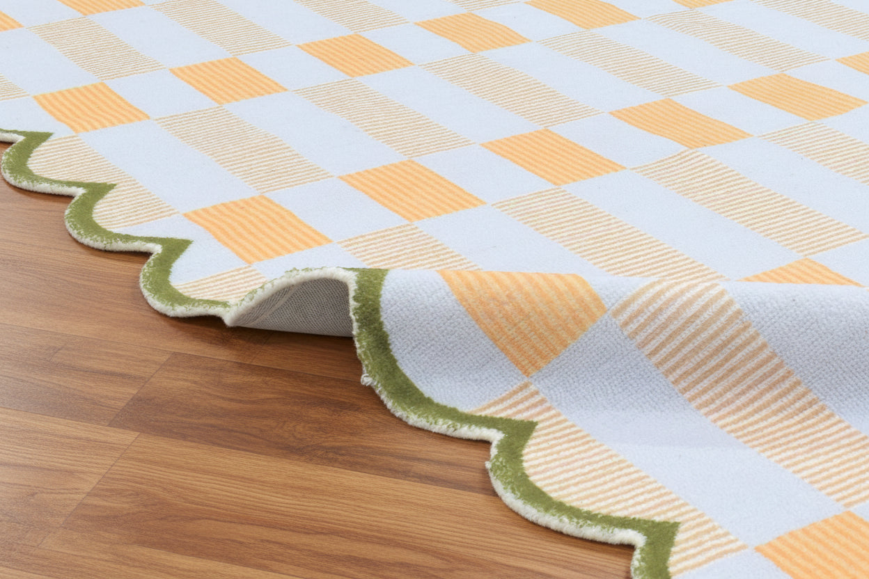Scalloped Edge Handmade Ivory Nursery Rug – Modern Checkered Wavy Border   9126191333525