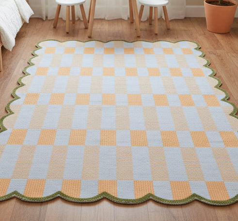 Scalloped Edge Handmade Ivory Nursery Rug – Modern Checkered Wavy Border   9126191333525