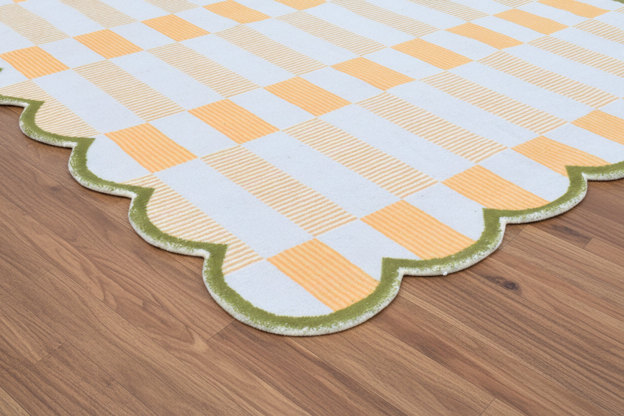 Scalloped Edge Handmade Ivory Nursery Rug – Modern Checkered Wavy Border   9126191333525