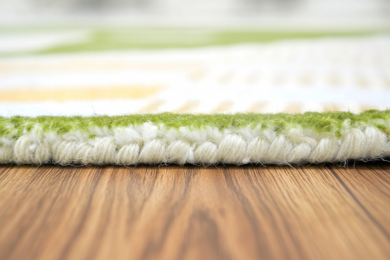 Scalloped Edge Handmade Ivory Nursery Rug – Modern Checkered Wavy Border   9126191333525