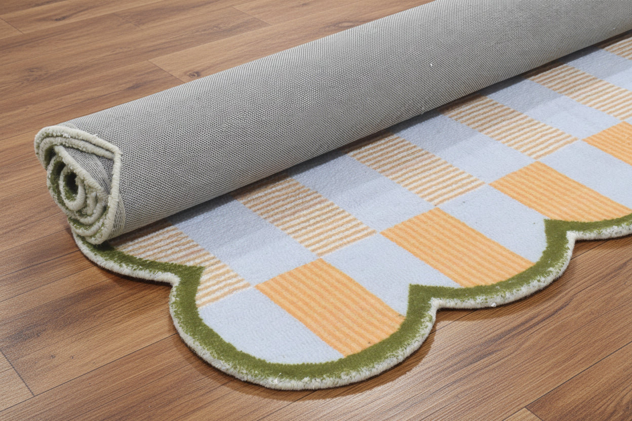 Scalloped Edge Handmade Ivory Nursery Rug – Modern Checkered Wavy Border   9126191333525