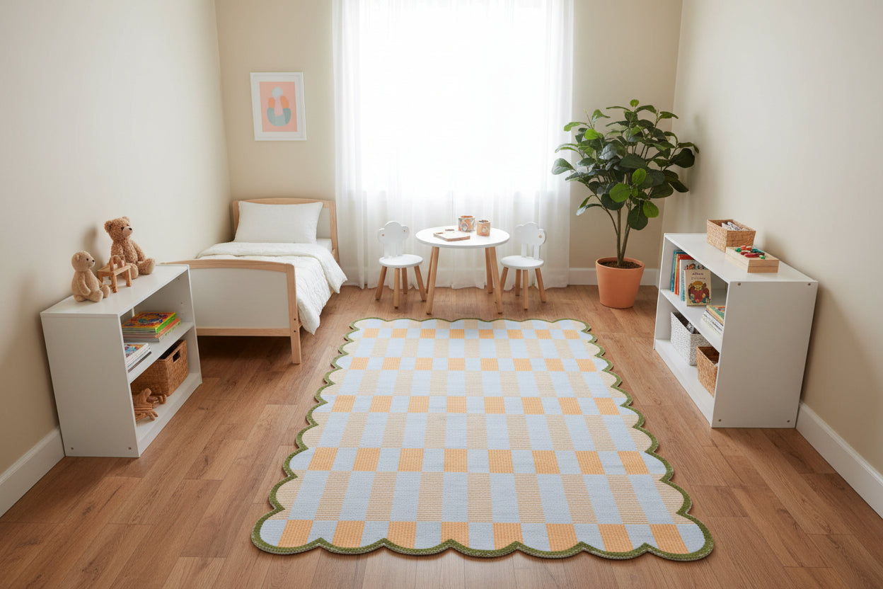 Scalloped Edge Handmade Ivory Nursery Rug – Modern Checkered Wavy Border   9126191333525