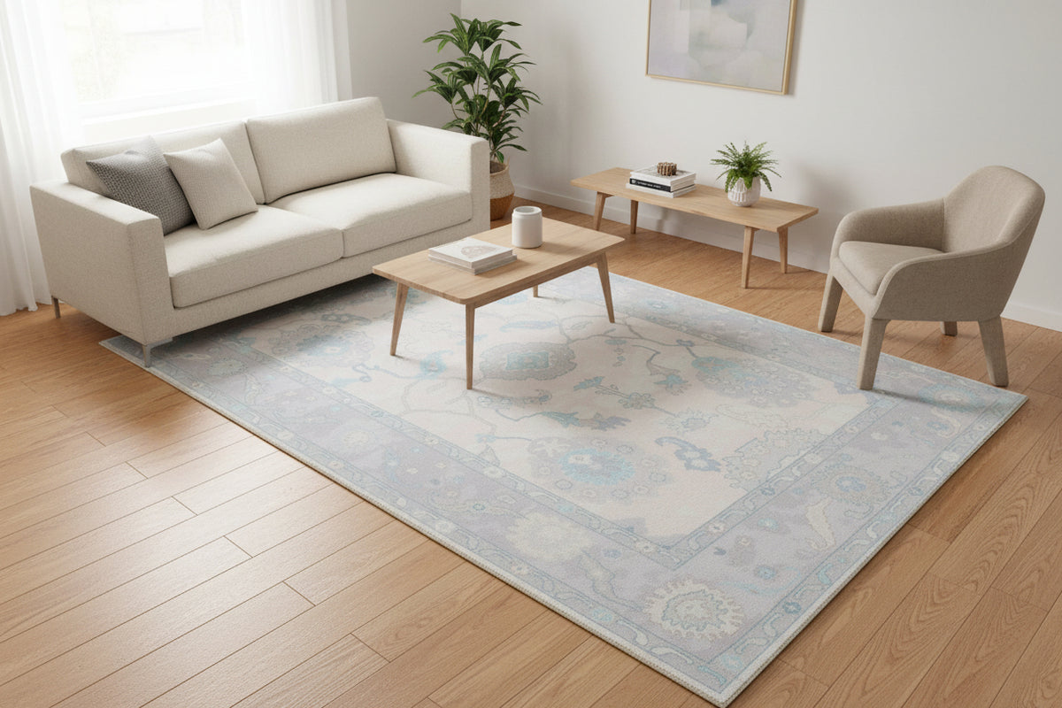 Shabby Chic Oushak Handmade Light Blue Rug – Modern Vintage Transitional Area Rug   9175406117013
