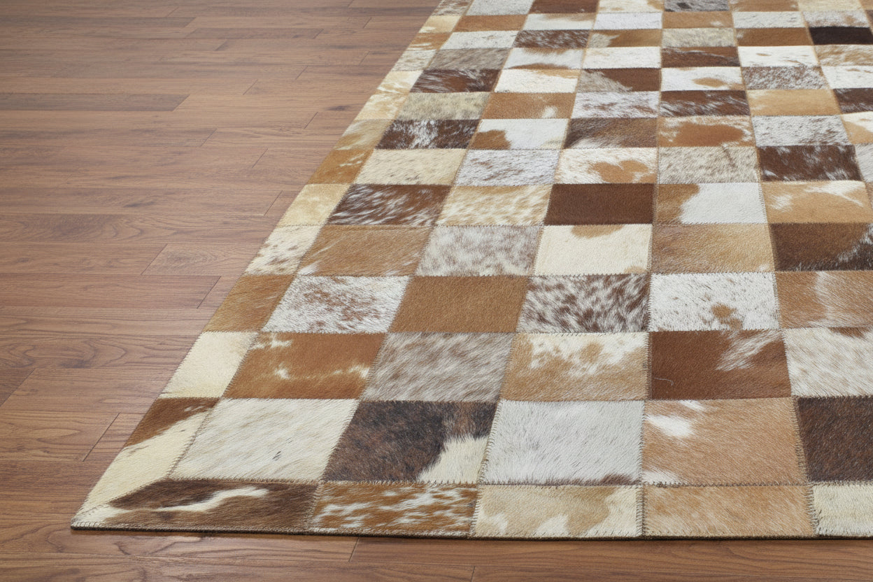 Shannen Handmade Brown Checkerboard Leather Rug | Modern Patchwork Checkered Blocks Rug   7864581488789