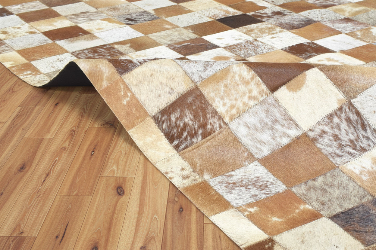 Shannen Handmade Brown Checkerboard Leather Rug | Modern Patchwork Checkered Blocks Rug   7864581488789