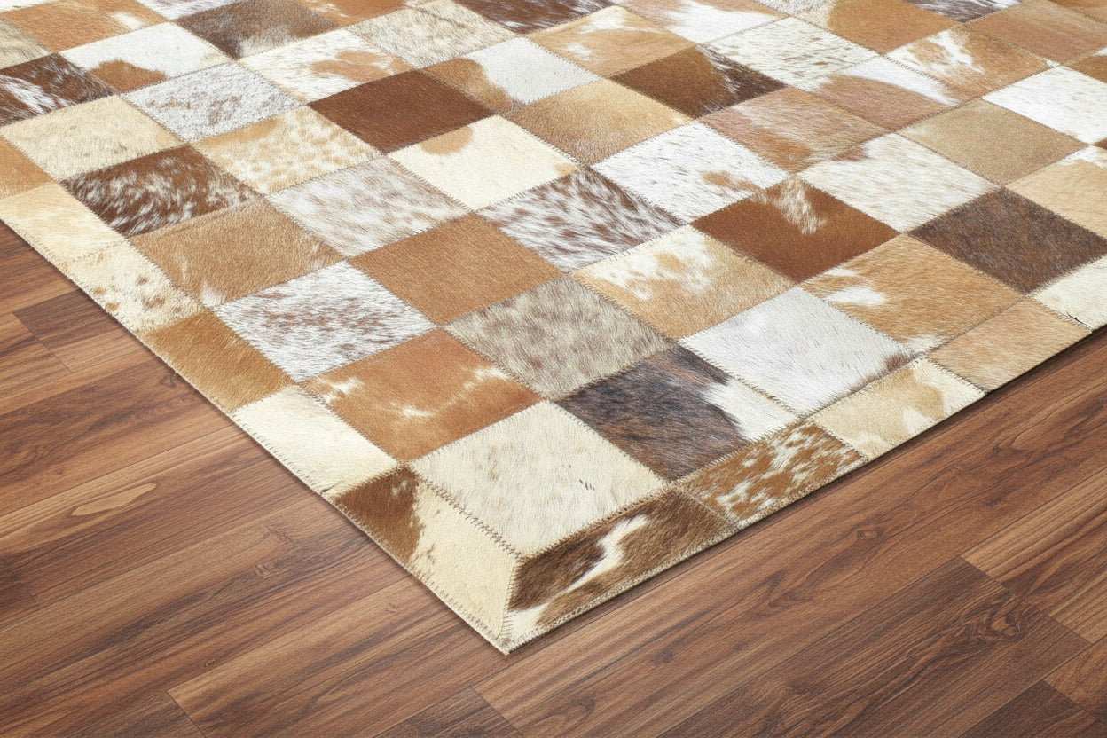 Shannen Handmade Brown Checkerboard Leather Rug | Modern Patchwork Checkered Blocks Rug   7864581488789