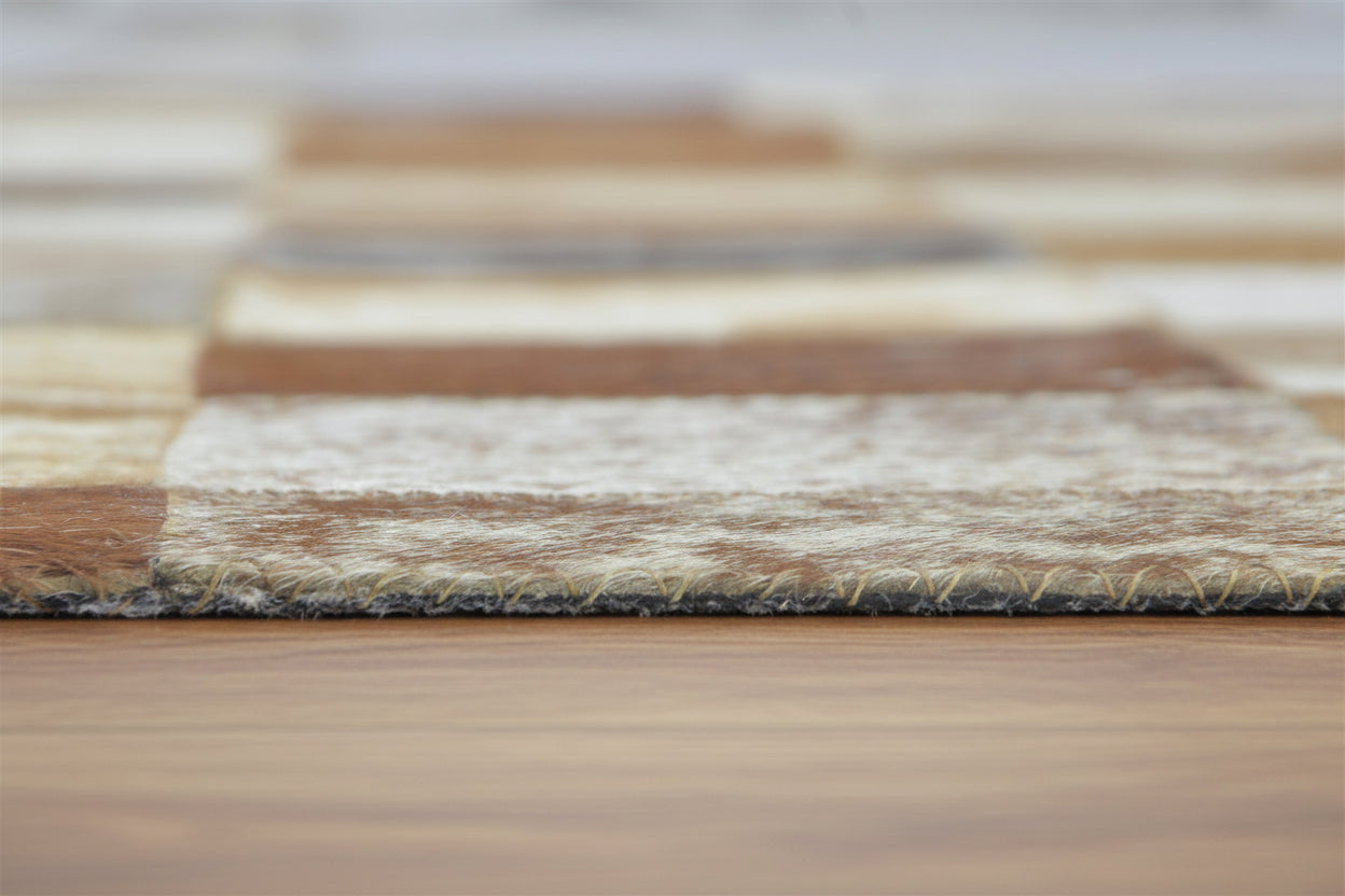 Shannen Handmade Brown Checkerboard Leather Rug | Modern Patchwork Checkered Blocks Rug   7864581488789