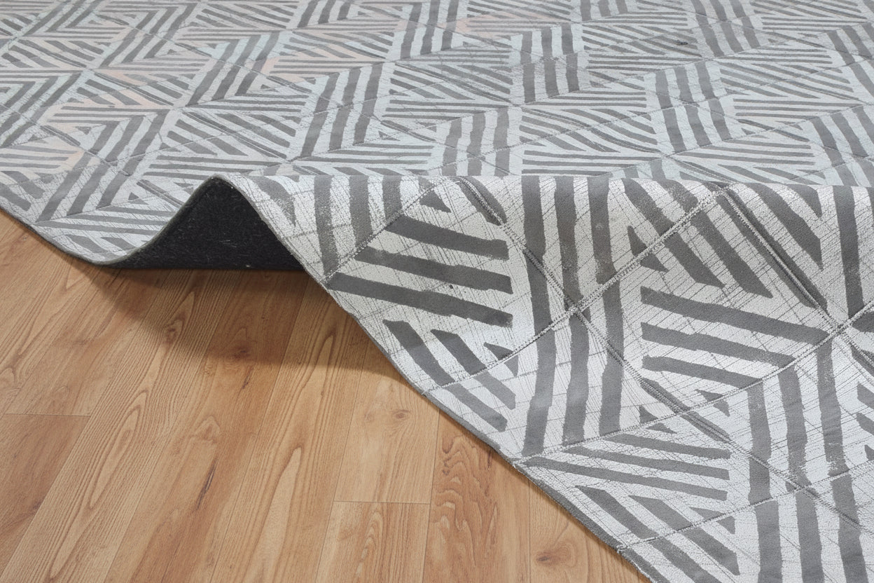Sibilla Handmade Dark Gray Leather Diamonds Rug | Modern Geometric Patchwork Cowhide Area Rug