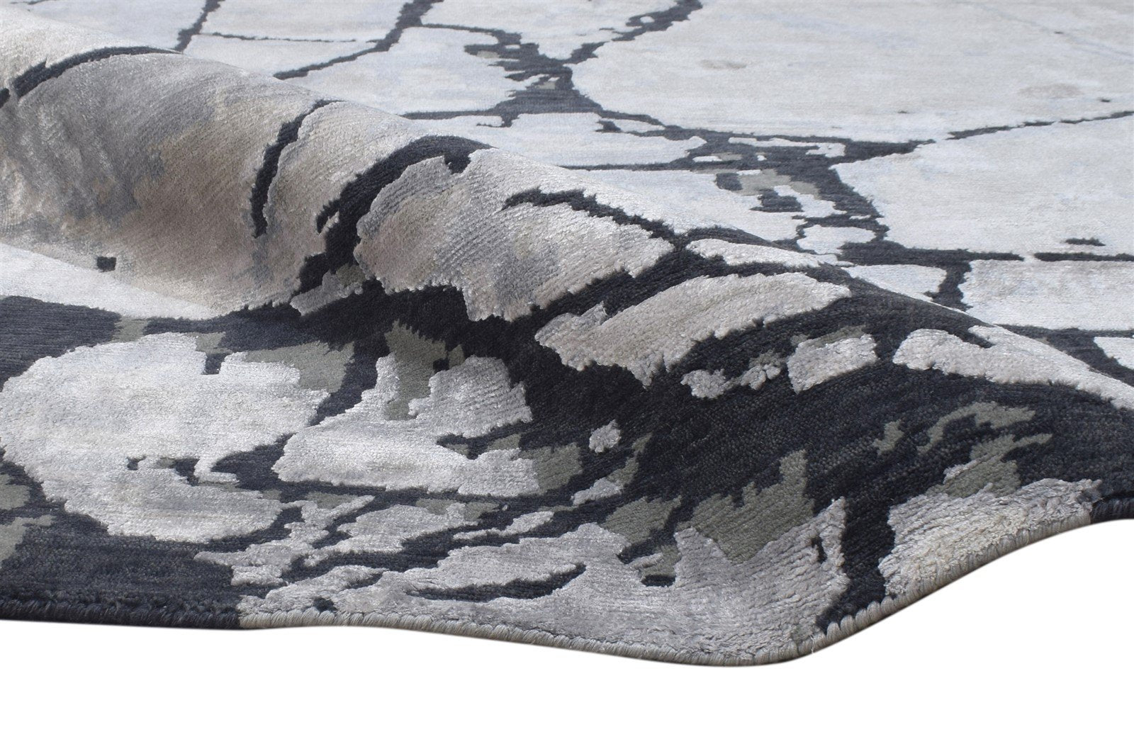 Silver Wool / Silk Rug 8X10 Modern Hand Knotted Indian Abstract Large Carpet   7864397299861