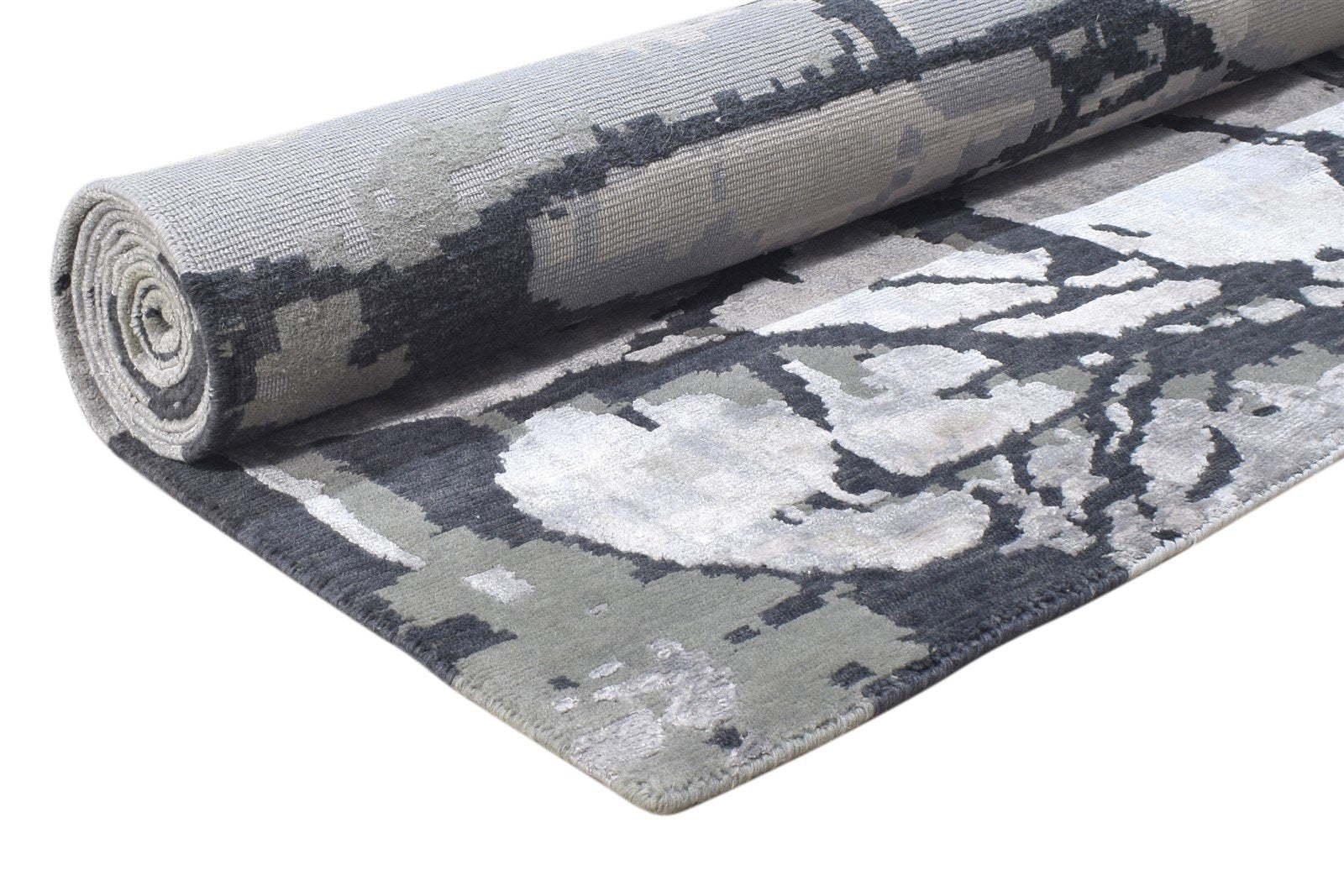 Silver Wool / Silk Rug 8X10 Modern Hand Knotted Indian Abstract Large Carpet   7864397299861