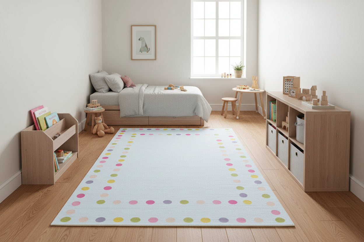 Sprinkles Polka Dot Border Handmade Sky Blue Kid's Rug - Modern Scandinavian Nursery Rug   9081820905621