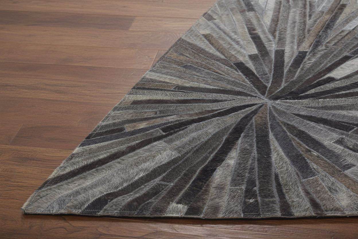 Sunburst Handmade Ivory Leather Rug | Abstract Patchwork Cowhide Area Rug   7864431837333
