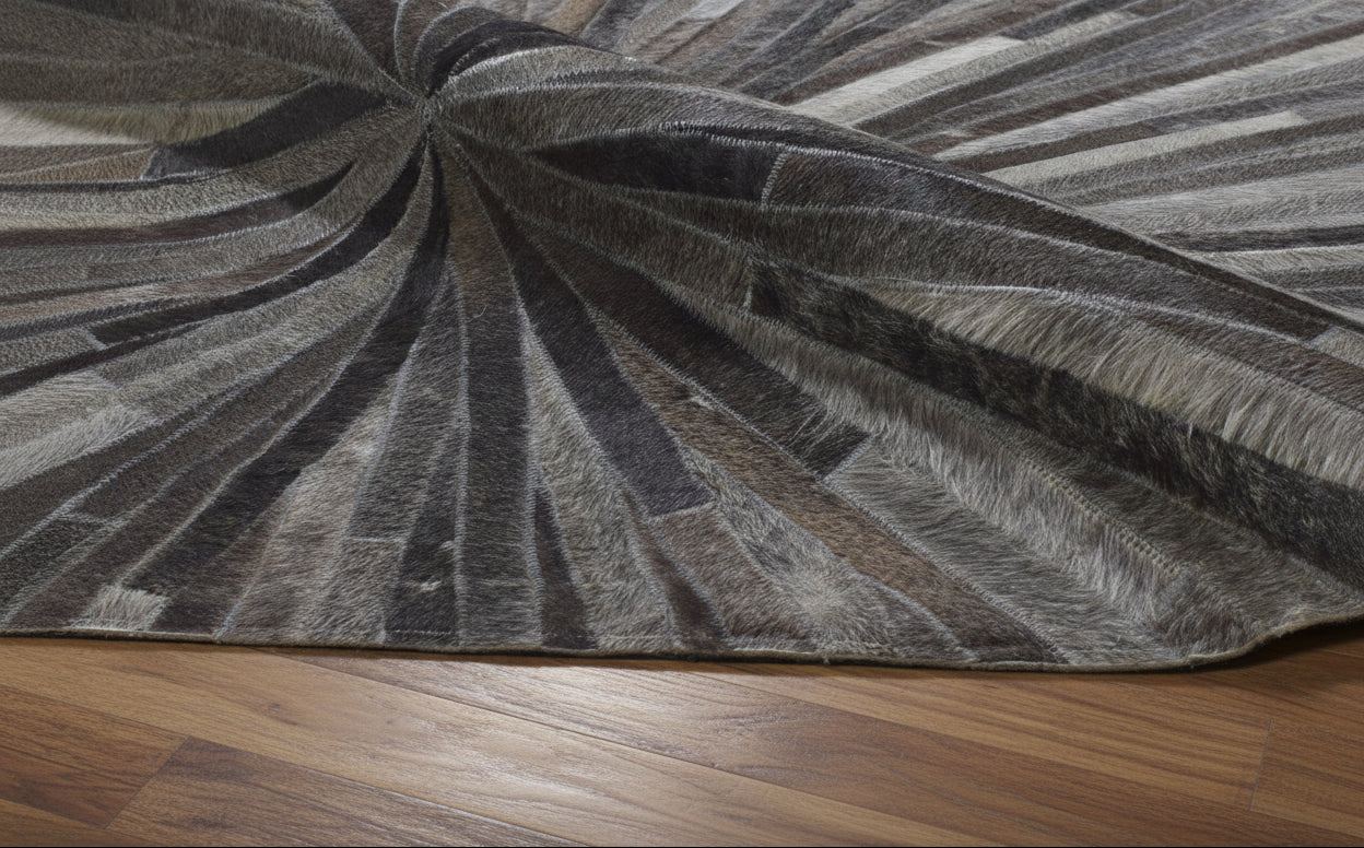 Sunburst Handmade Ivory Leather Rug | Abstract Patchwork Cowhide Area Rug   7864431837333