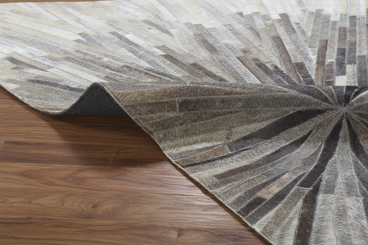 Sunburst Handmade Ivory Leather Rug | Abstract Patchwork Cowhide Area Rug   7864431837333