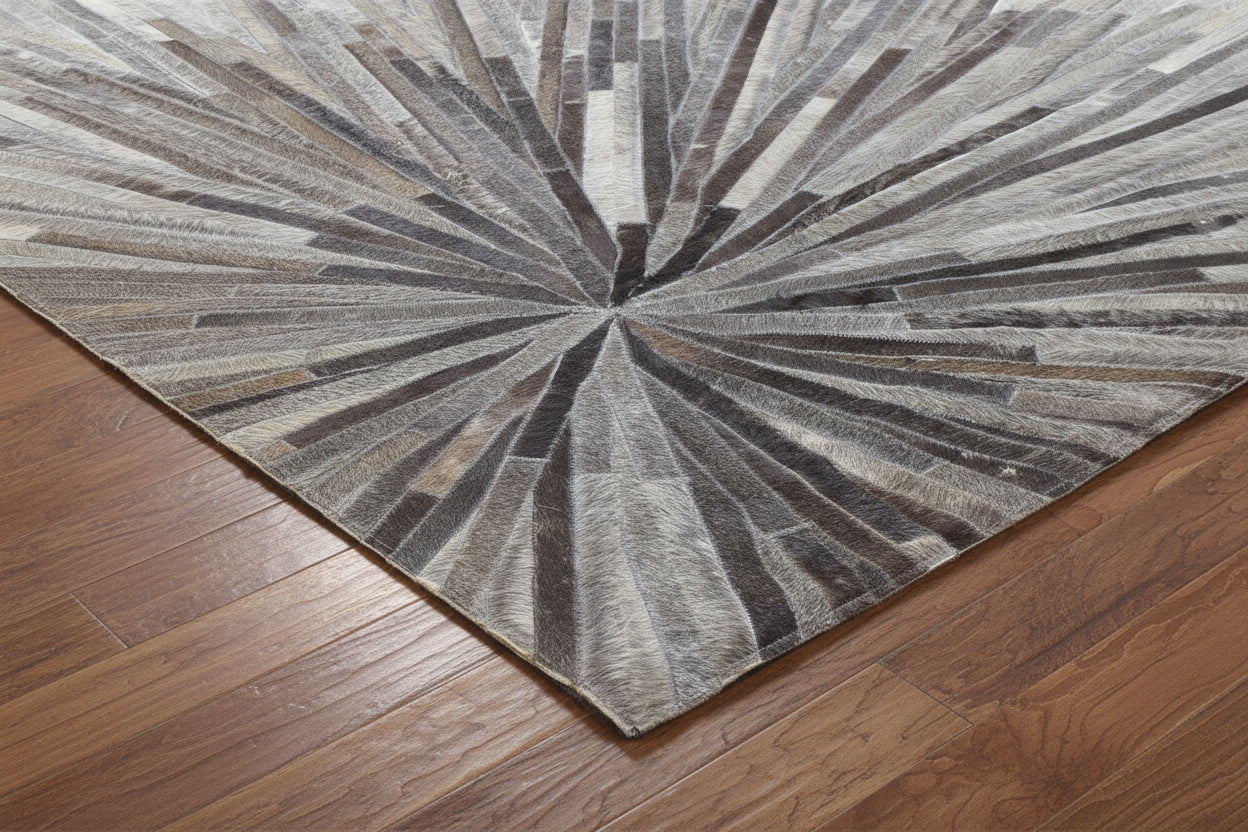 Sunburst Handmade Ivory Leather Rug | Abstract Patchwork Cowhide Area Rug   7864431837333