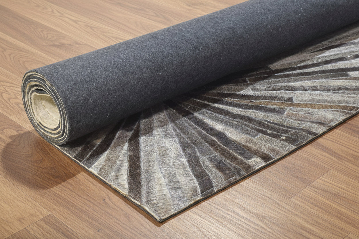 Sunburst Handmade Ivory Leather Rug | Abstract Patchwork Cowhide Area Rug   7864431837333