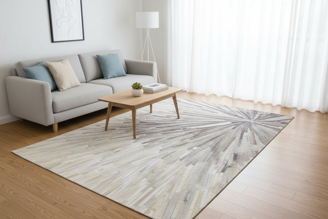 Sunburst Handmade Ivory Leather Rug | Abstract Patchwork Cowhide Area Rug   7864431837333
