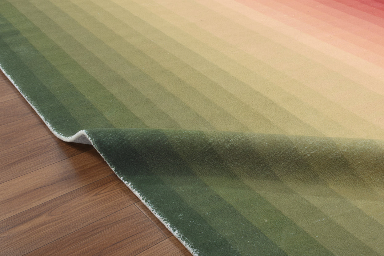 Sunrise Gradient Ombre Stripe Handmade Area Rug – Modern Green to Coral Soft Rug   9122047295637