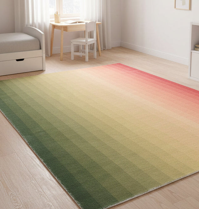Sunrise Gradient Ombre Stripe Handmade Area Rug – Modern Green to Coral Soft Rug   9122047295637