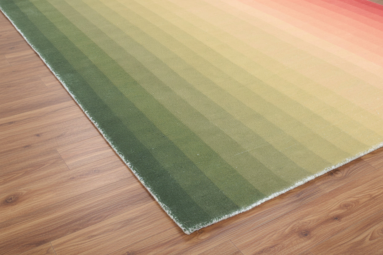 Sunrise Gradient Ombre Stripe Handmade Area Rug – Modern Green to Coral Soft Rug   9122047295637